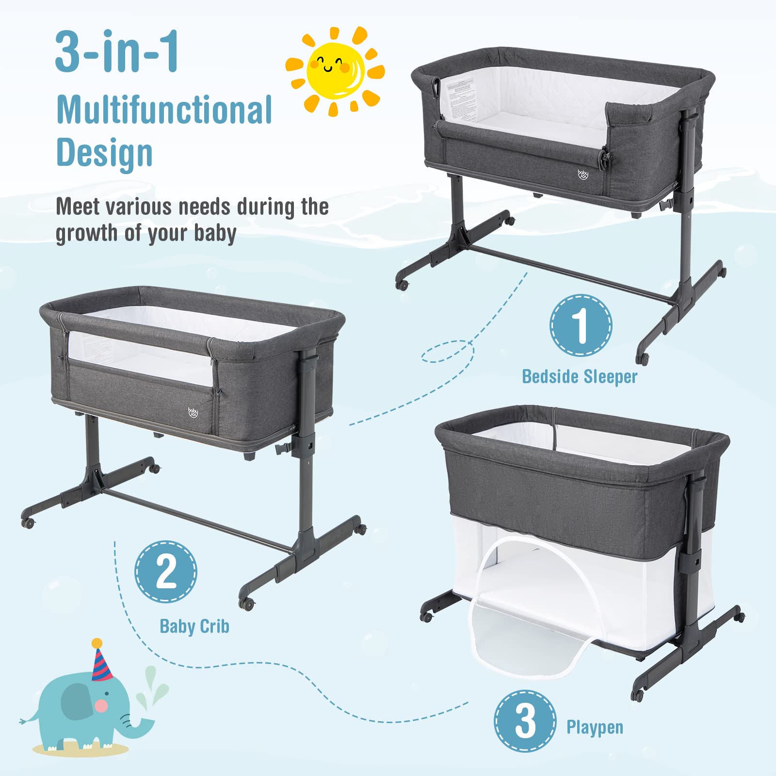 Costzon 3-in-1 Bassinet Bedside Sleeper, Playpen & Baby Crib