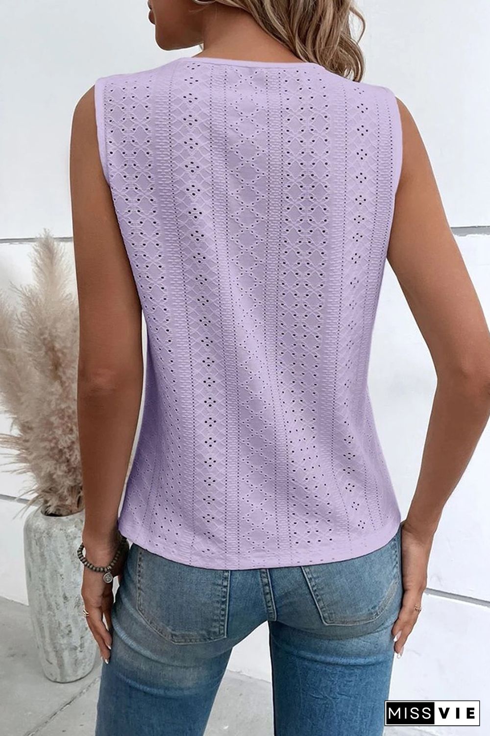 V Neck Jacquard Eyelet Tank Top