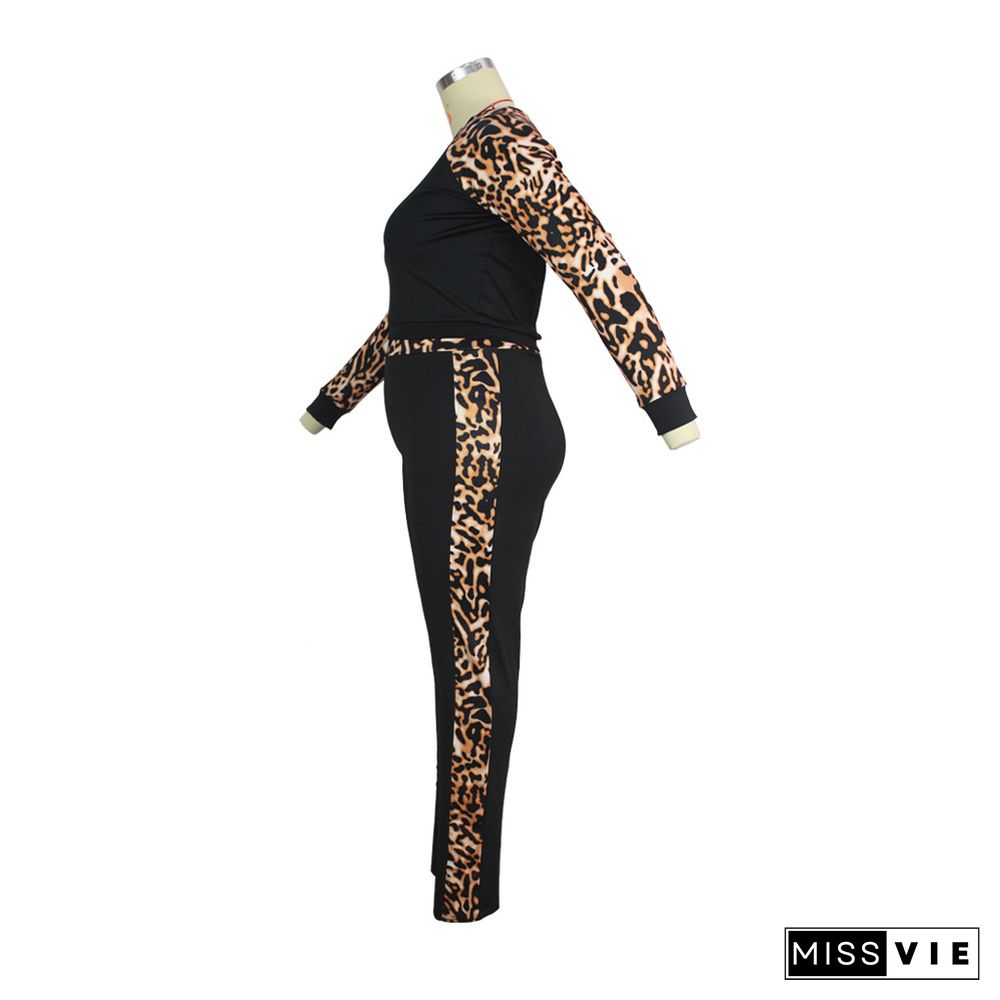 Plus Size Leopard Print T Shirt Pencil Pants Outfits