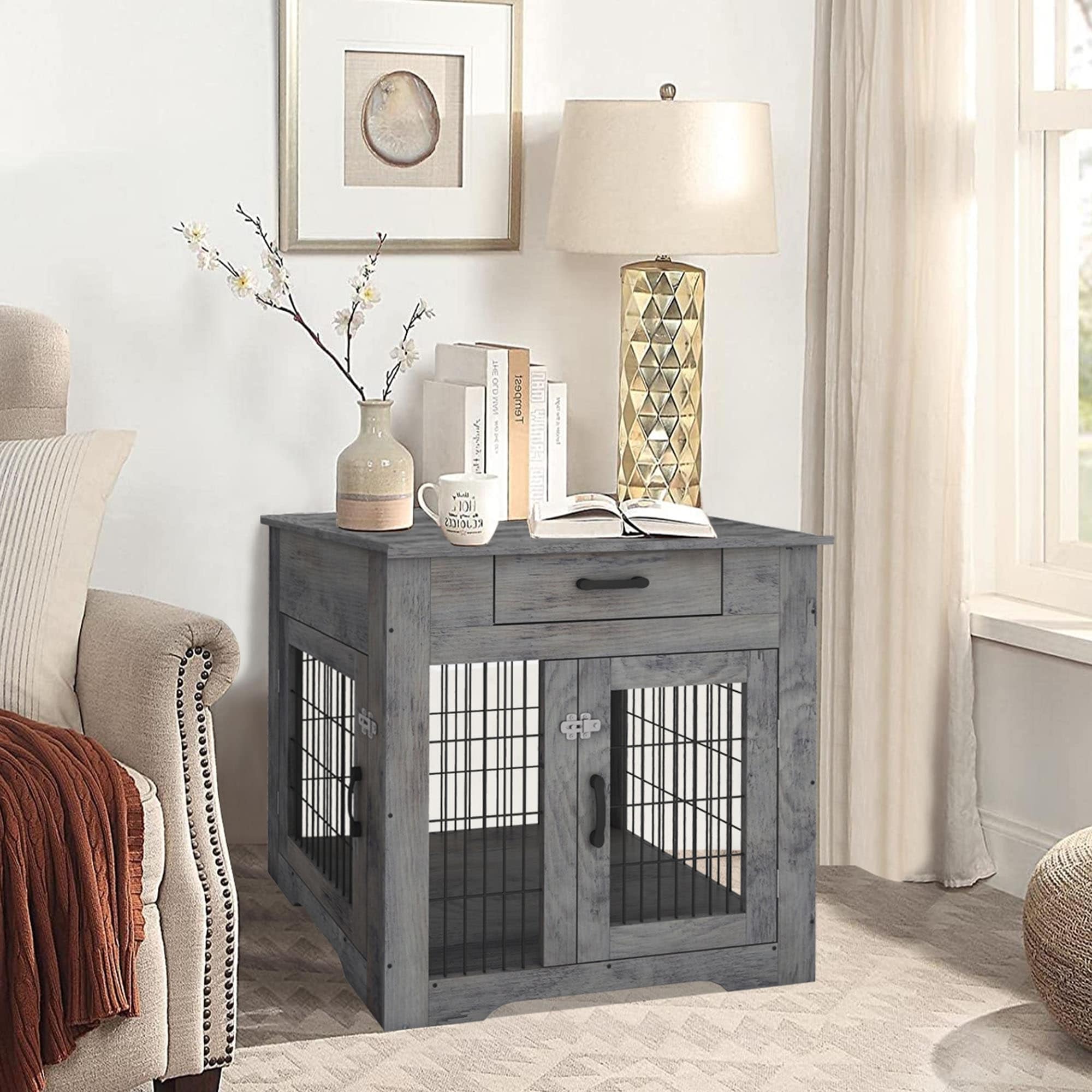 Mieres Double Door Wooden End Table Dog Crate with Double Doors， Indoor Pet Kennel Side Table with Storage Drawer