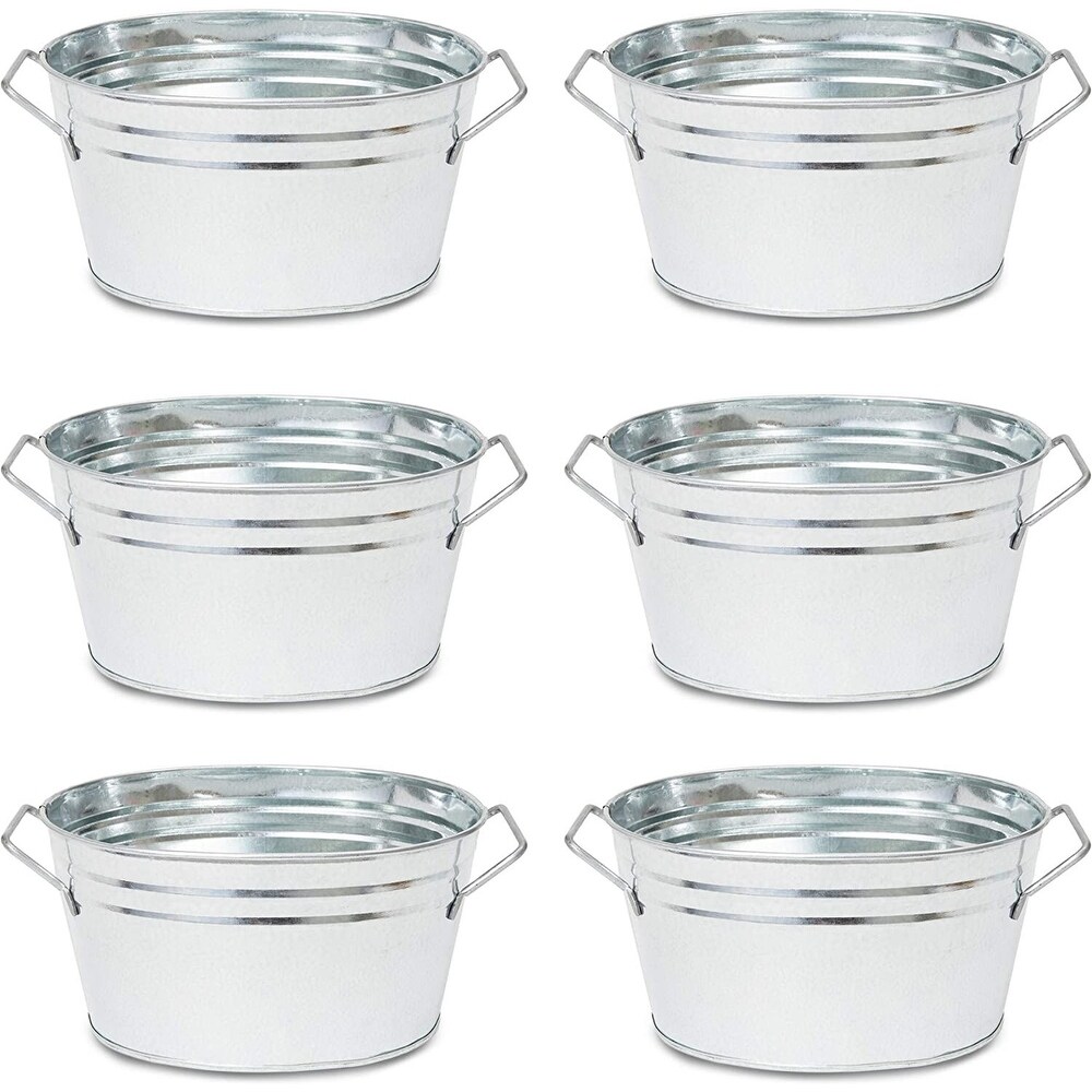 6 Pack Small Galvanized Buckets with Handles  Oval Metal Pails for Plants  Rustic Home Decorations (7.5 x 6.4 x 4 In)