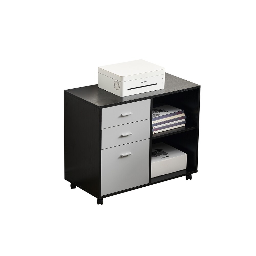 Wooden Black Filing Cabinet with 3 Drawers and Two Open Shelves   Mobile Design with Wheels