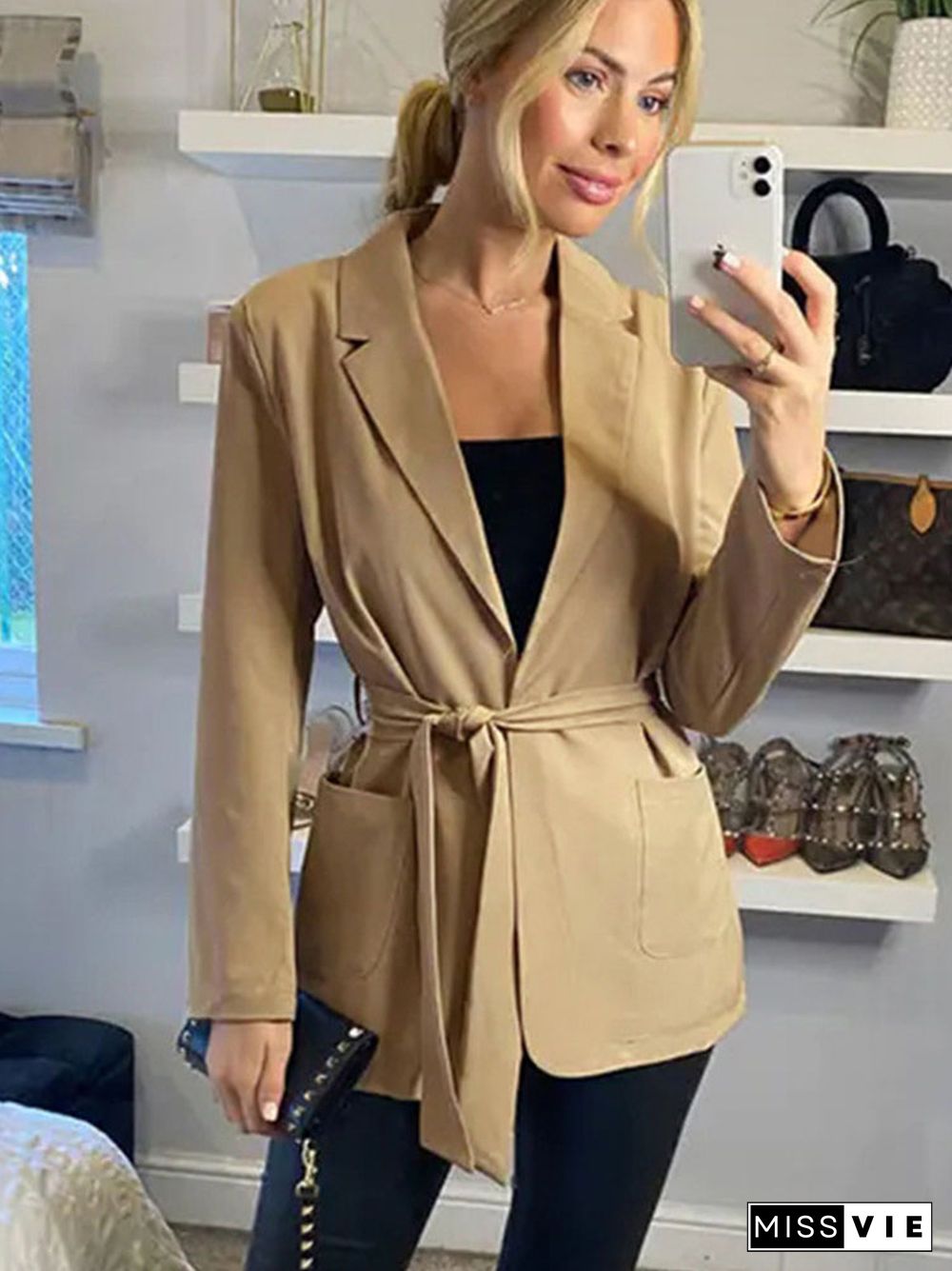 Autumn Elegant Women's Blazer Jacket Winter Blazer Female Office Black Fashion Waist Slimming Belt Jacket Women Casual Coat