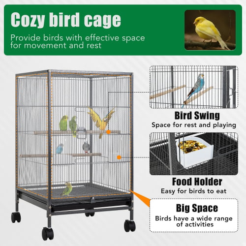 Furinno Wrought Iron Bird Cage with Rolling Stand， 35 inch， Black， Top Open Bird Cage