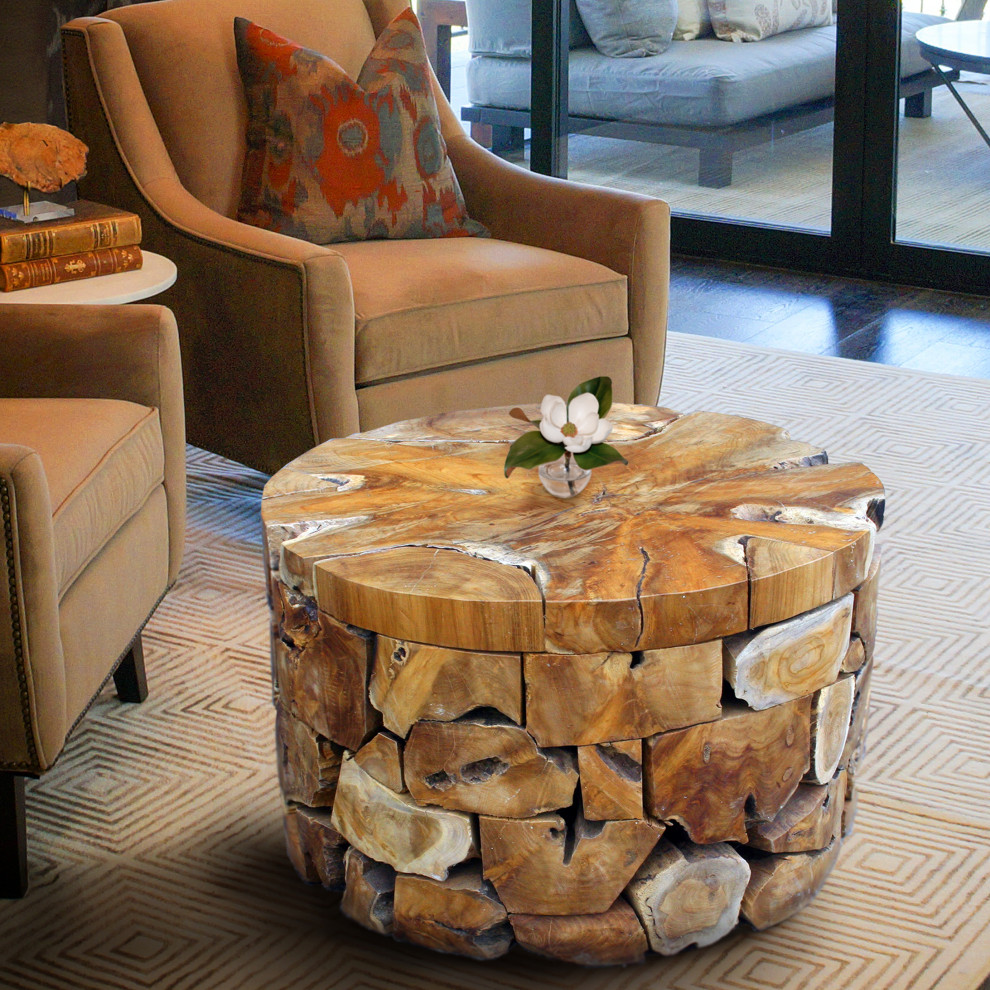 Teak Wood Round Akara Coffee Table   28 Inch   Rustic   Coffee Tables   by Chic Teak  Houzz