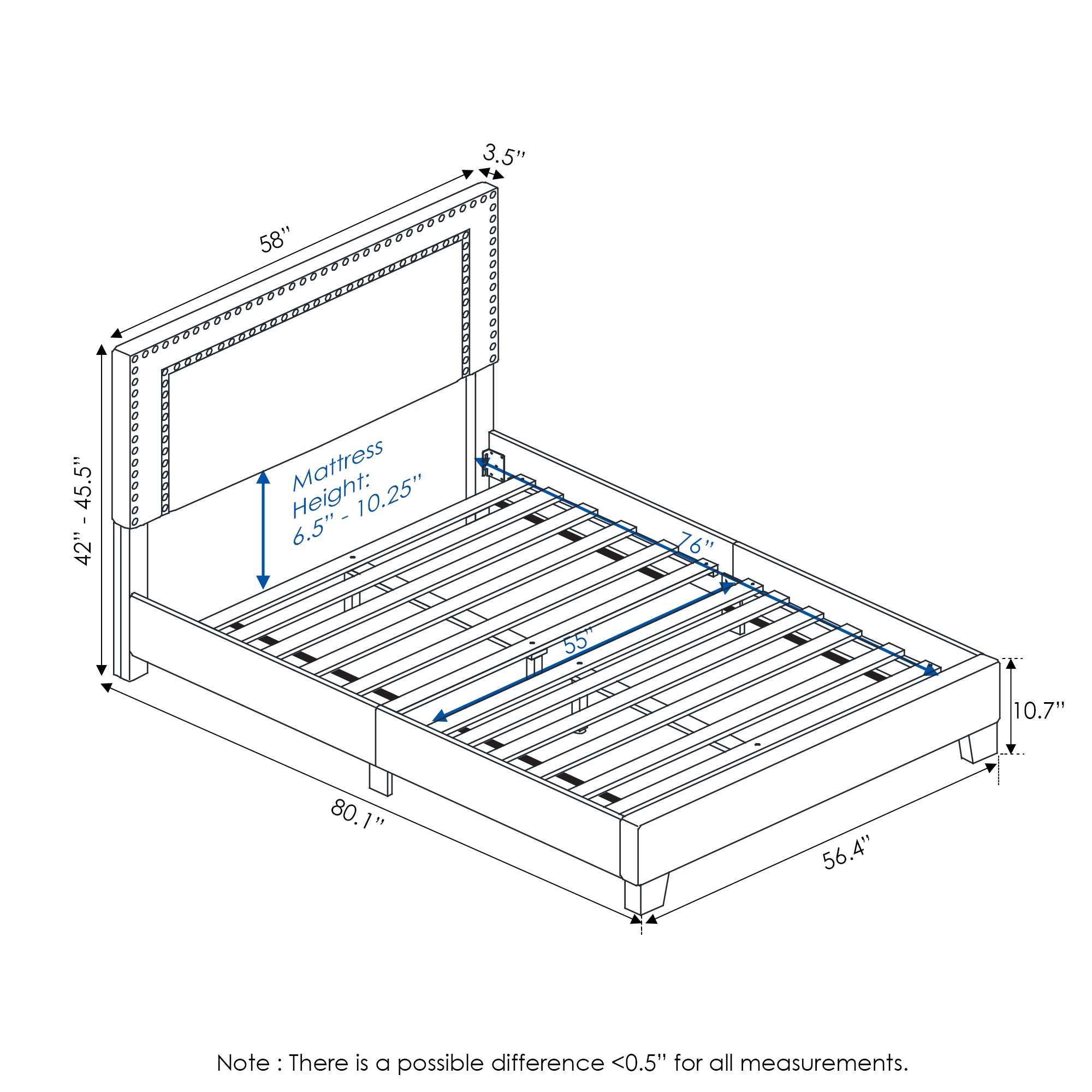 Furinno Laval Double Row Nail Head Bed Frame, 12PC Slat Style, Linen, Full