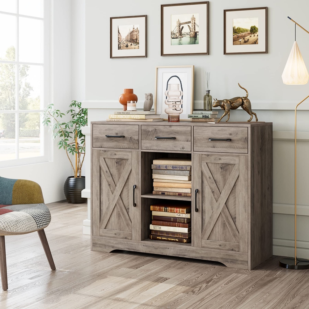 Modern Farmhouse Buffet Storage Cabinet  Barn Doors Wood Sideboard with Drawers and Shelves For Coffee Bar  Kitchen  Dining Room