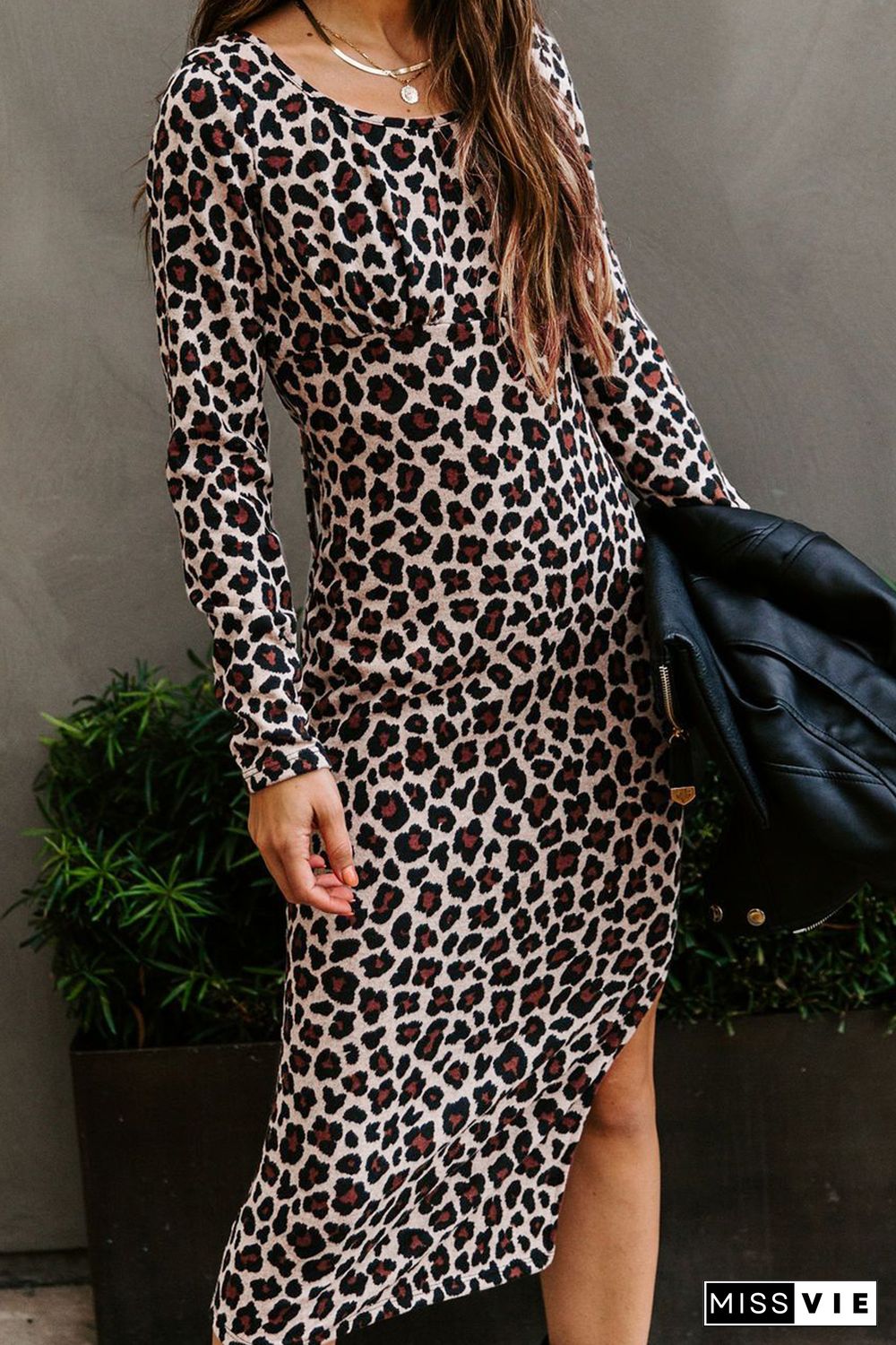 Leopard Crewneck Long Sleeve Lace-Up Side Split Bodycon Dress