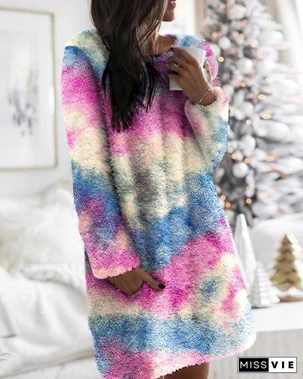 Long Sleeves Shift Above Knee Casual Tie Dye/Camo Print Pocket Plush Dresses(7 Colors)