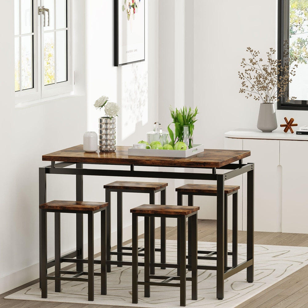 Mieres Minimalist Industrial Style Wooden Top 5 Pieces Dining Table Set with Four Stools for Ktichen and Dining Room