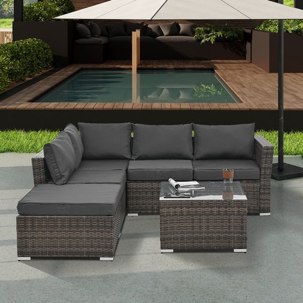 4Piece Patio Conversation Wicker Furniture Set，Sectional Sofa Set with Tempered Glass Coffee Table，Sofa Chair and Ottoman Sets