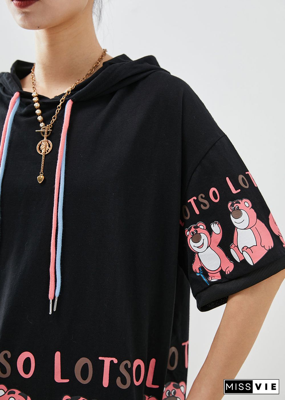 Loose Black Hooded Bears Print Cotton Sweatshirts Tops Fall