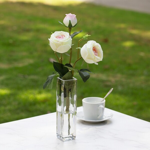 Enova Home Artificial Silk Rose Flower in Clear Glass Vase Faux Rose Flower with Vase For Home Office Decoration