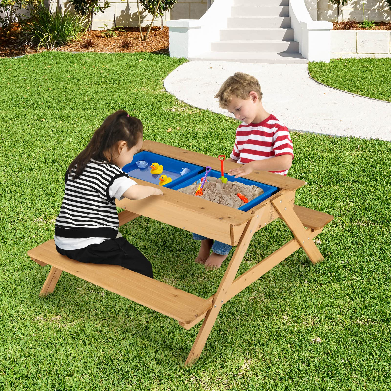 Costzon Kids Picnic Table, 3 in 1 Multipurpose Sand & Water Table w/Removable Top & 2 Storage Boxes