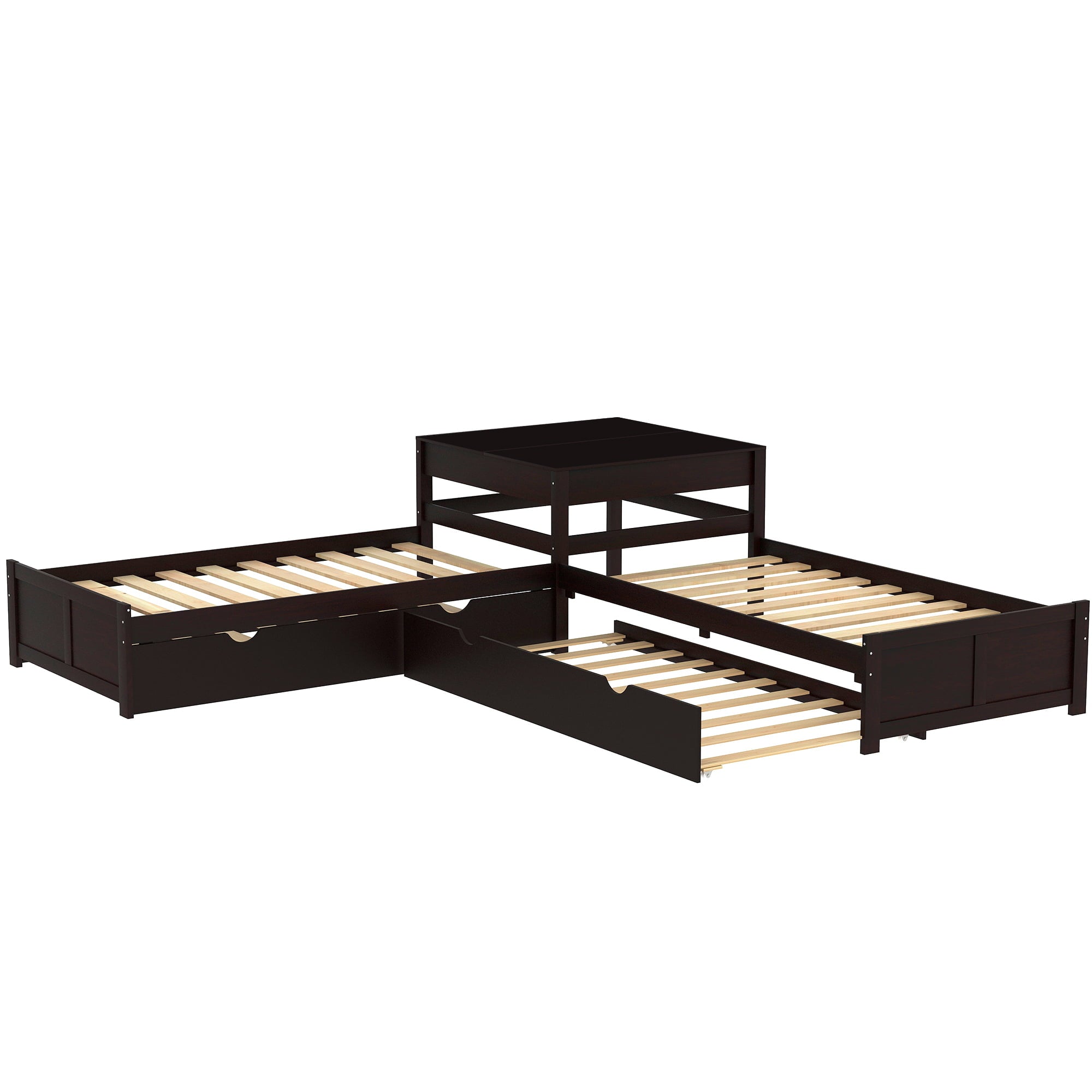 Euroco Twin L-Shaped Platform Bed with Square Table for Kids Bedroom, Espresso