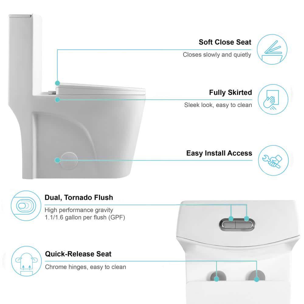 VANITYFUS 1piece 1116 GPF Dual Flush Elongated Toilet in Glossy White Seat Included Siphonic Jet