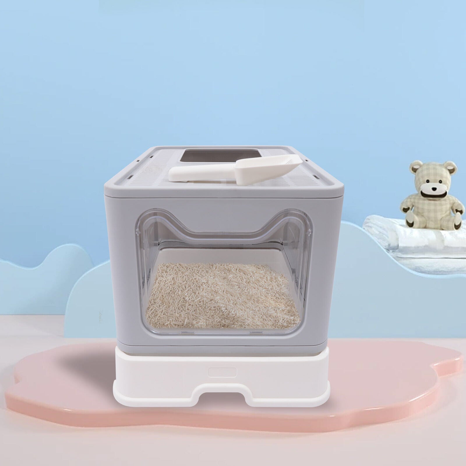 Hooded Cat Litter Box Self Cleaning Kitty Litter Case Clear Door w/ Litter Scoop