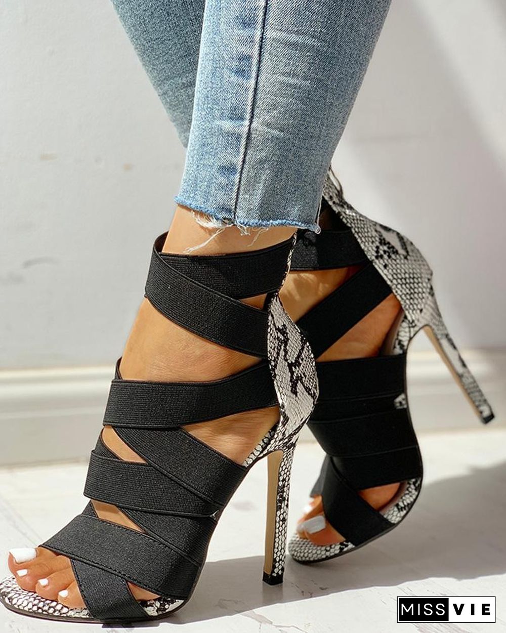 Lace-Up Bandage Patchwork Snakeskin Thin Heeled Sandals