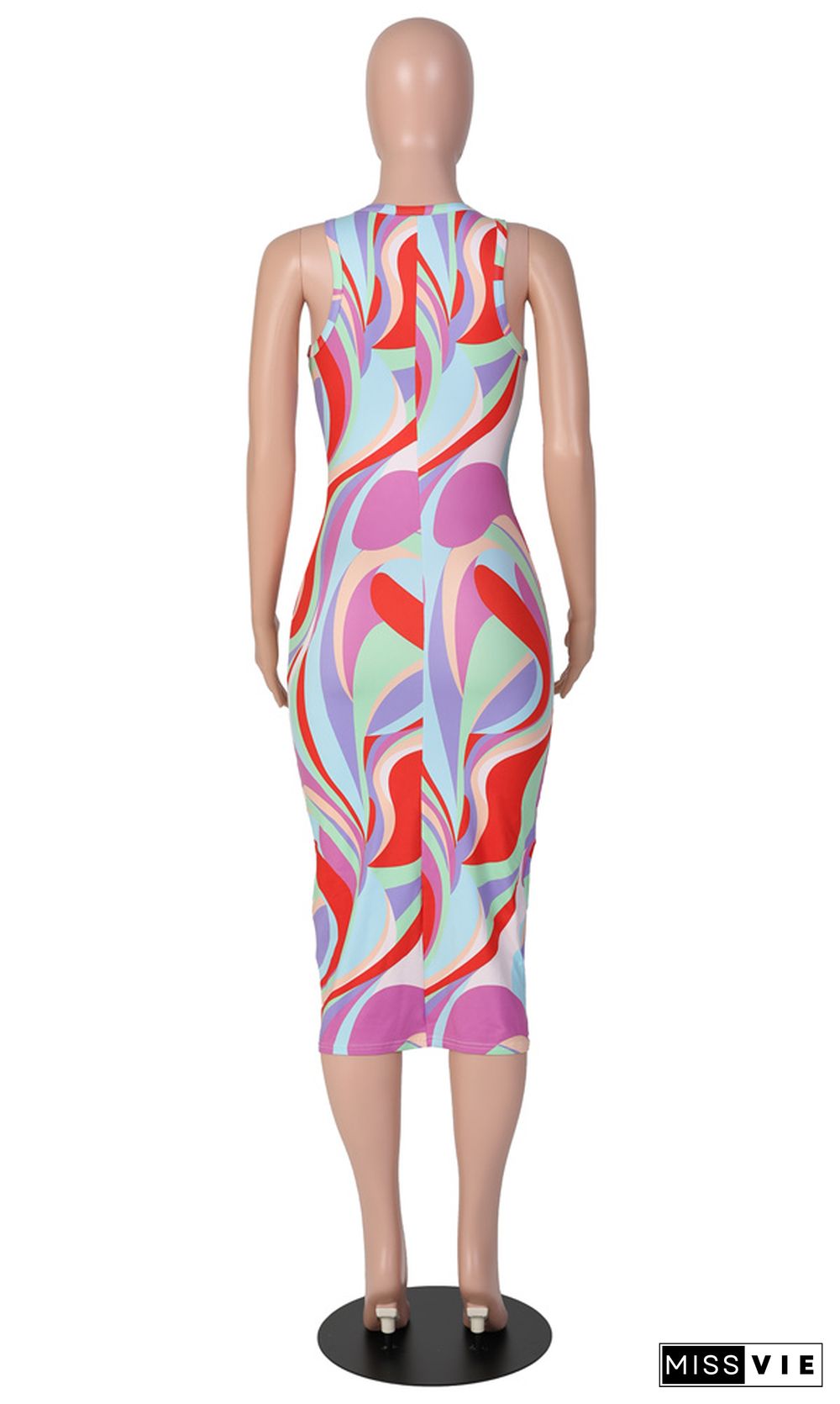 Aesthetic Print O-Neck Sleeveless Skinny Dresses