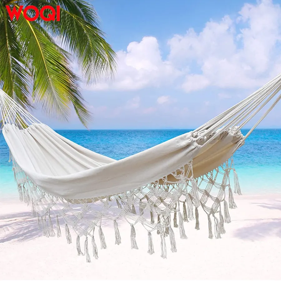 WOQI Outdoor White Camping Hammock Large Fringed Macrame Double Hammock Swing Bed with Carry Bag