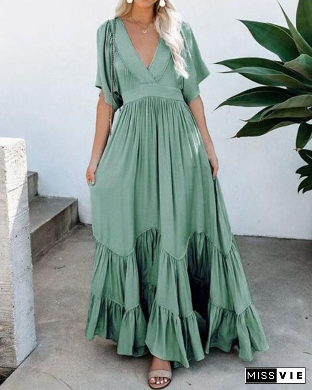 Women Vacation Casual Short Sleeve Maxi Dress