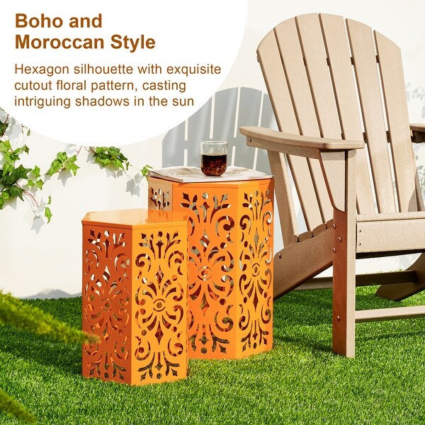 Glitzhome Set of 2 Iron Floral Pattern Outdoor Table Garden Stool