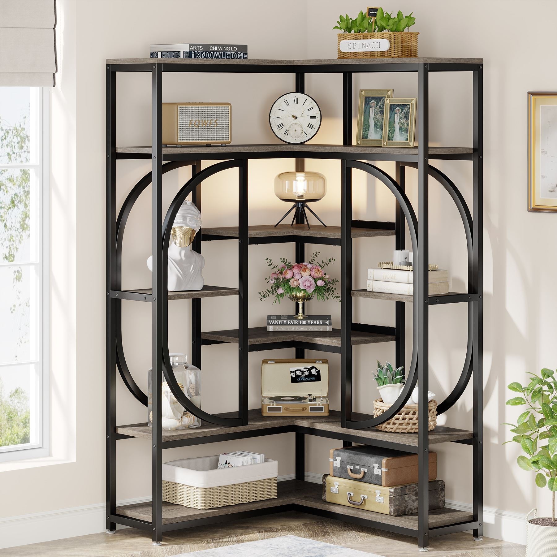 7-Shelf Corner Bookshelf, L-Shaped Bookcase Display Rack