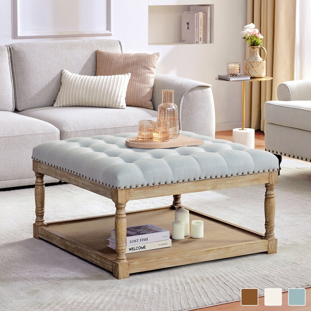 Tufted Textile Shelved Ottoman Table Brown/ Beige/ Light Blue