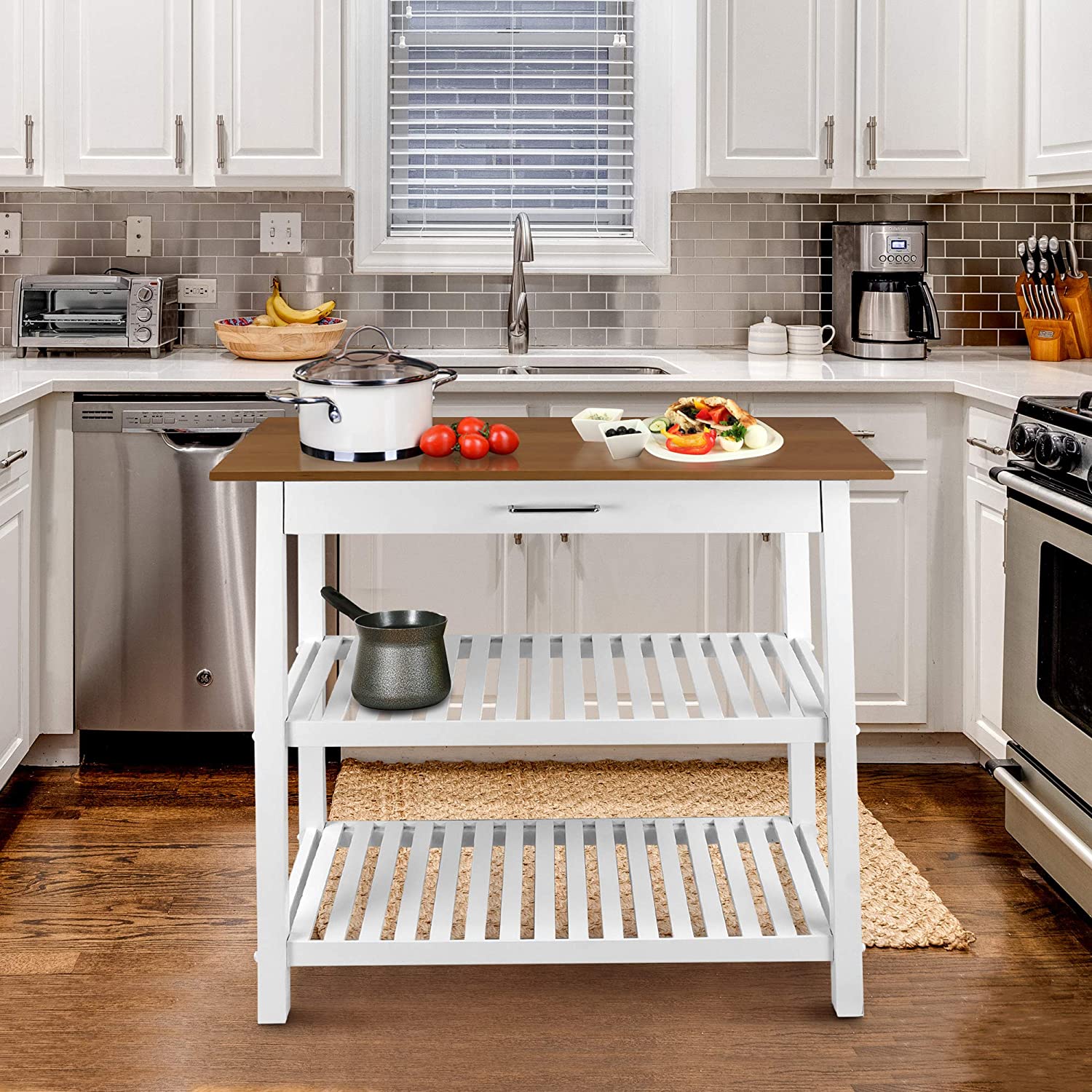 Casual Home Kitchen Island with Solid American Cherry Top， White and Cherry Natural