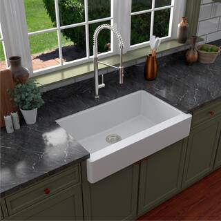 Karran QAR-740 QuartzGranite 34 in. Single Bowl Retrofit FarmhouseApron Front Kitchen Sink in White with Grid and Strainer QAR-740-WH-PK1