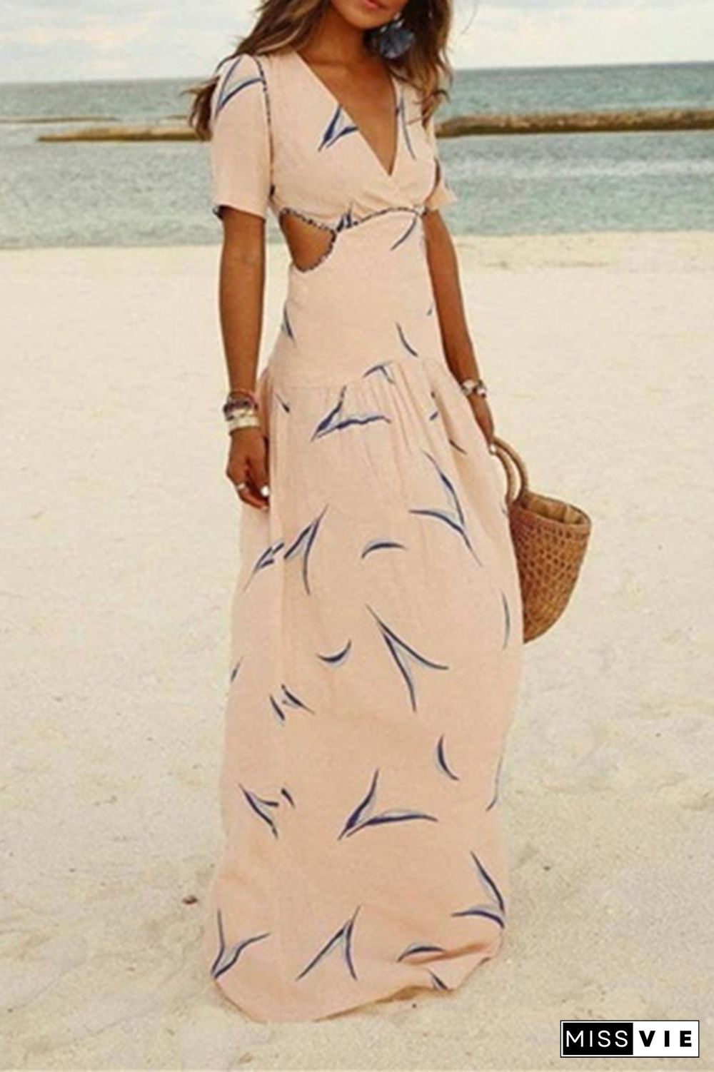 Casual Vacation Print Hollowed Out Patchwork V Neck A Line Dresses