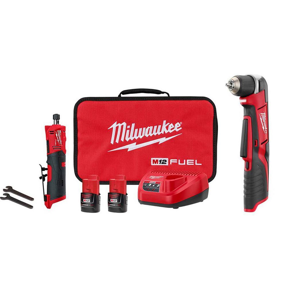 MW M12 FUEL 12V Lithium-Ion 14 in. Cordless Straight Die Grinder Kit wM12 38 in. Right Angle Drill 2486-22-2415-20