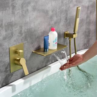 FLG Single-Handle Wall Mount Roman Tub Faucet with Hand Shower Waterfall Bath Tub Filler in Brushed Gold SS-0143-BG