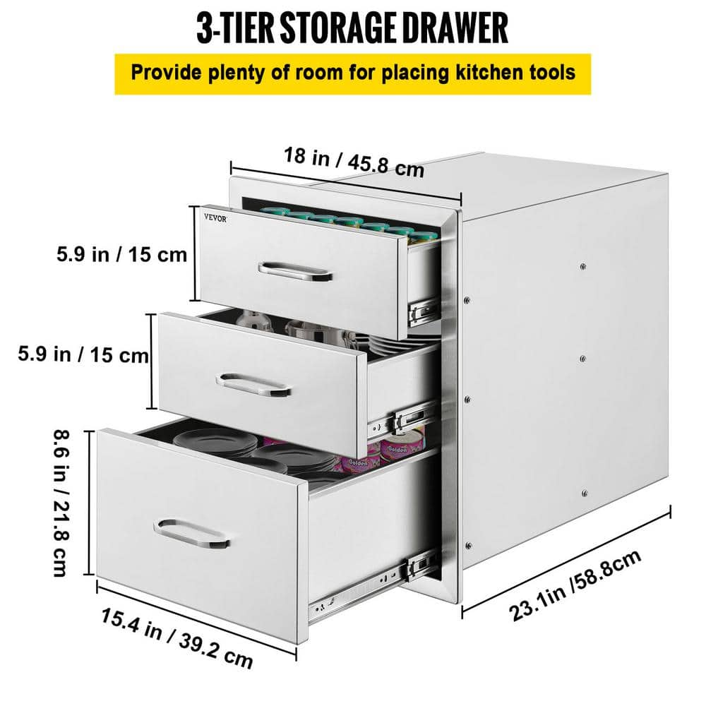 VEVOR 18 in. W x 23.2 in. H x 23.1 in. D Outdoor Kitchen Stainless Steel Triple BBQ Access Drawers with Chrome Handle 18X23YC3CBXGCTG01V0