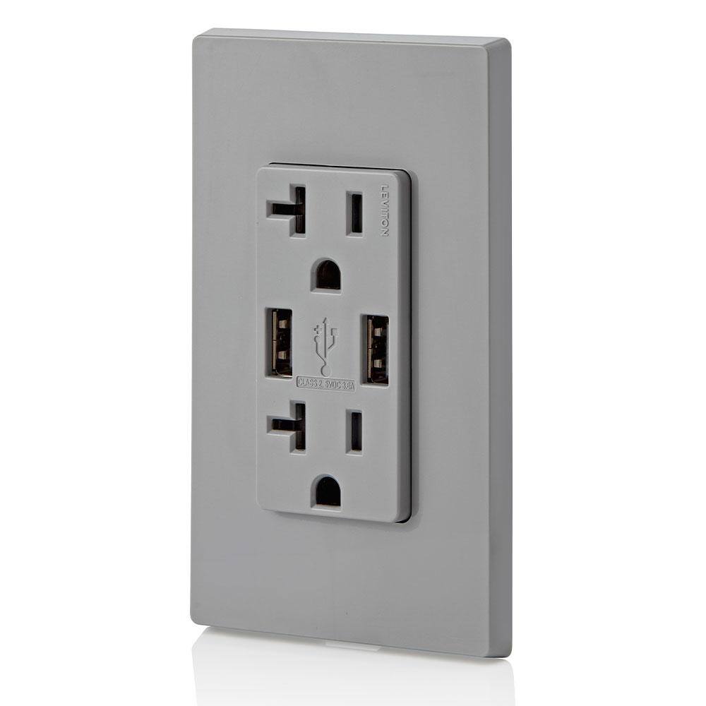 Leviton Decora 20 Amp Tamper Resistant Duplex Outlet and 3.6 Amp USB Outlet Gray 004-T5832-0GY