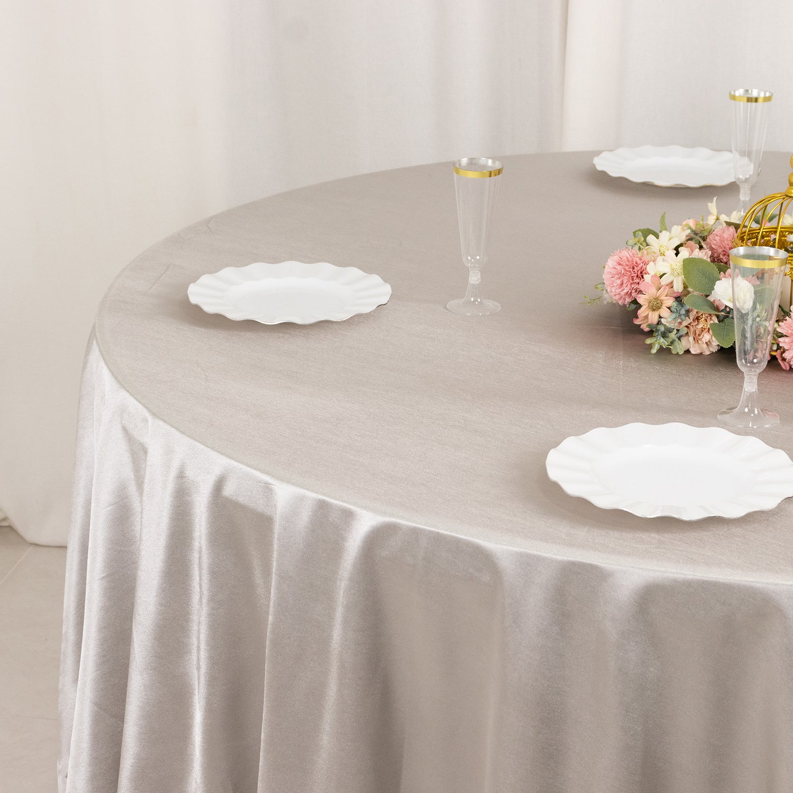 Shimmer Silver Premium Scuba Round Tablecloth, Wrinkle Free Seamless Polyester Tablecloth - 108