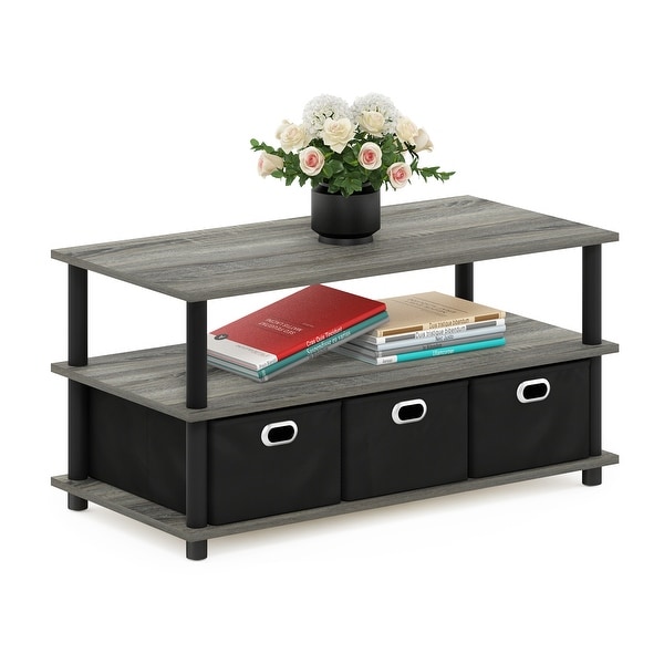 Furinno Frans Turn-N-Tube Coffee Table with Bin Drawers， French Oak Grey/Black/Black