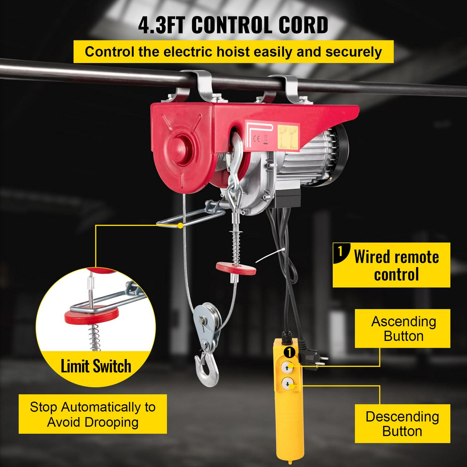 VEVORbrand Lift Electric Hoist 1100lbs， Electric Hoist 110v， Remote Control Electric Winch Overhead Crane Lift Electric Wire Hoist for Factories， Warehouses， Construction， Building， Goods Lifting