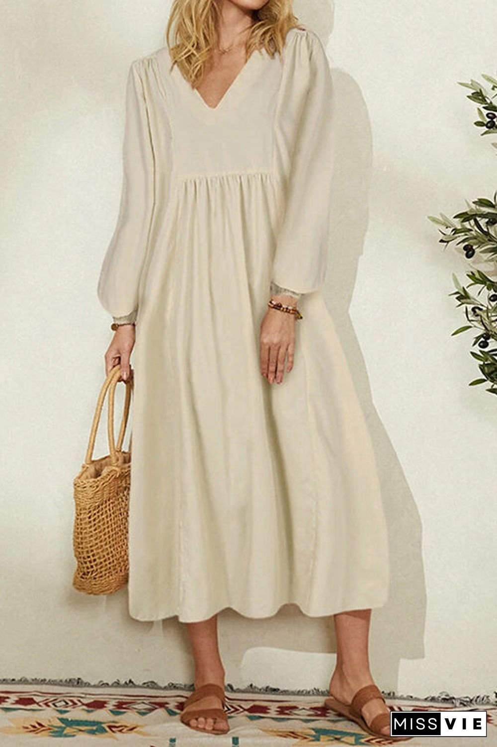 V Neck Puff Long Sleeve Maxi Dress