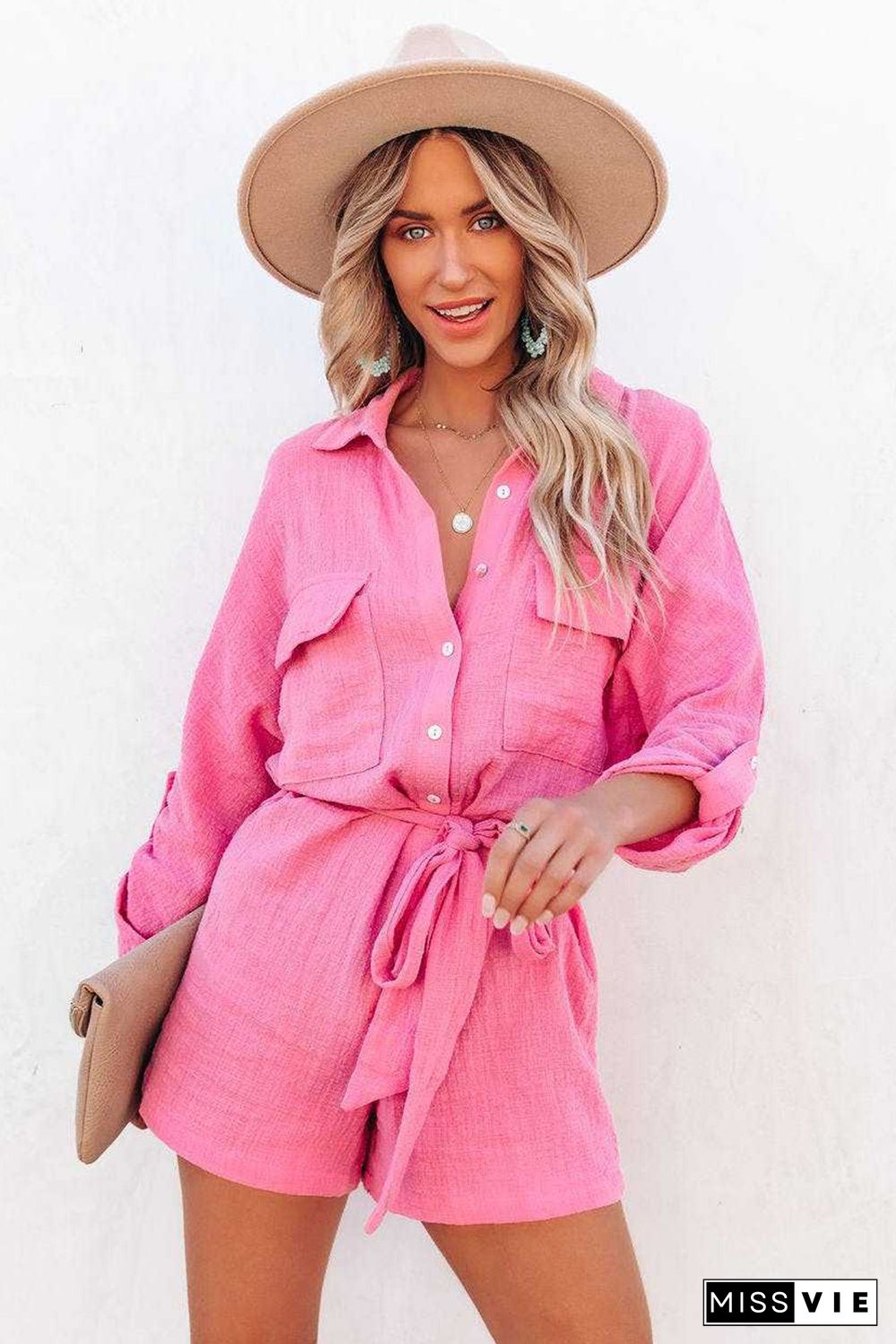 Rose Roll Tab Sleeve Button Shirt Style Belted Romper