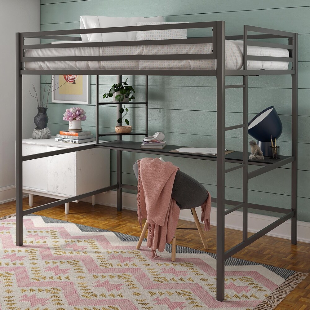 The Novogratz Maxwell Metal Loft Bed with Desk   Shelves