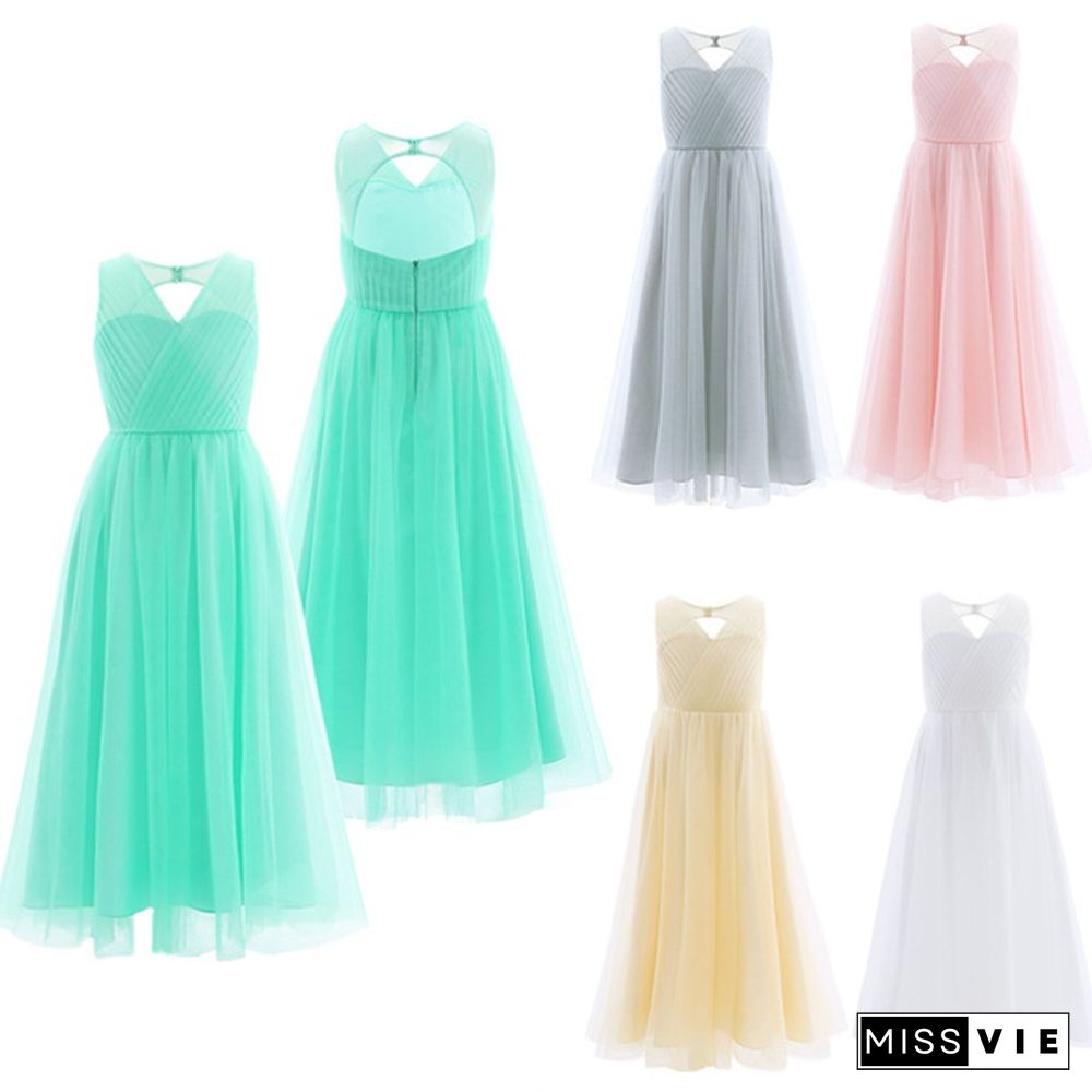 Girls Cutout Back Mesh Splice Sleeveless Flower Girl Junior Bridesmaid Dresses Dance Party Evening Prom Long Gowns