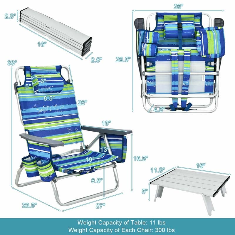 2 Pack 5-Position Outdoor Folding Backpack Beach Chair & Table Set, Patio Lawn Camping Chair Beach Sling Chair