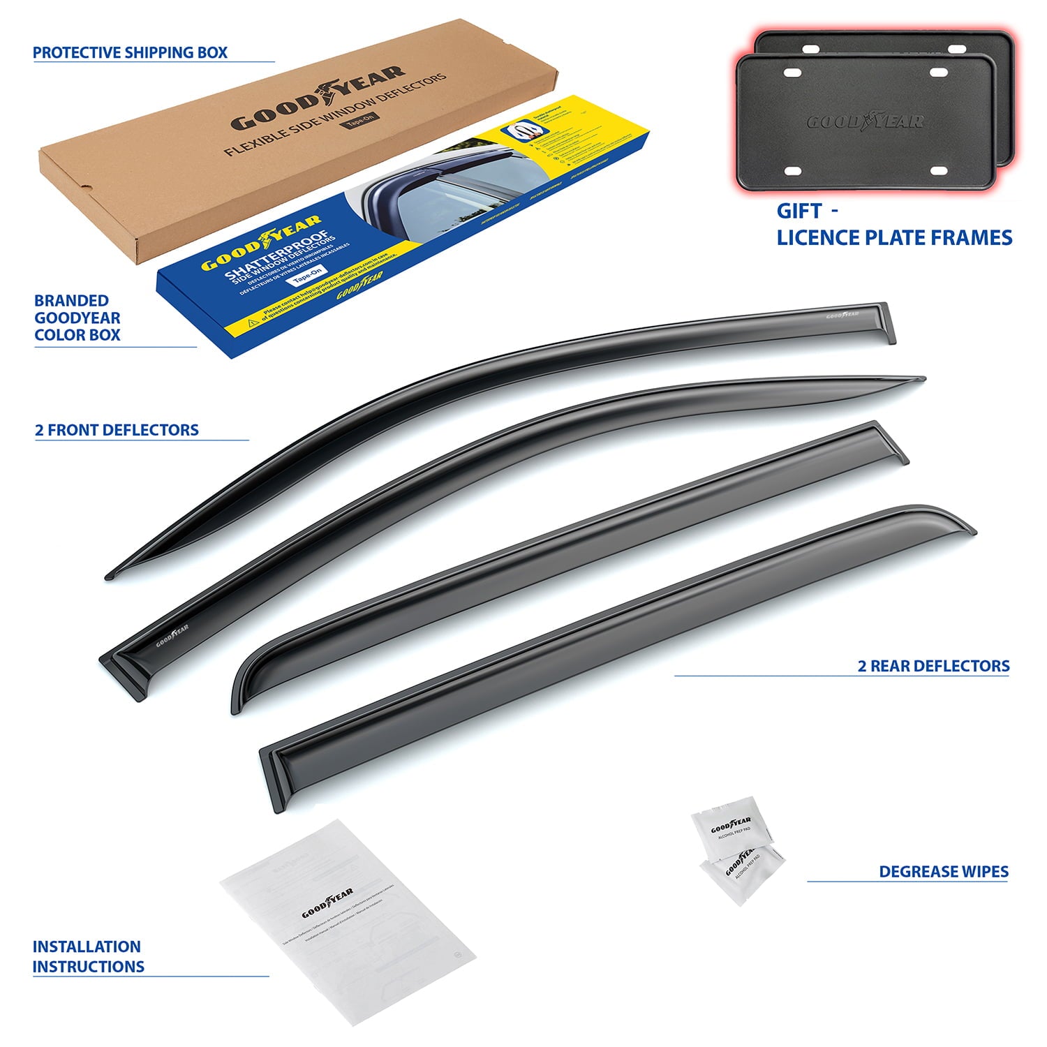 Goodyear Shatterproof Window Deflectors for Toyota Tundra 2007-2021 CrewMax， Tape-on Rain Guards， Window Visors， Vent Deflector Visor， Car Accessories， 4 pcs. - GY003207