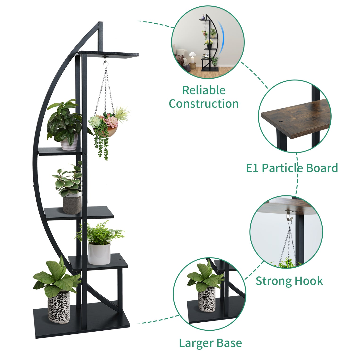 ELECWISH 5 Tier Tall Metal Indoor Plant Stand With 2 Hooks, Plant Shelf Holder Half-Moon-Shaped Multi-Purpose Plant Stands for Home Decor, Balcony, Patio, Garden(Black 2 Pack)