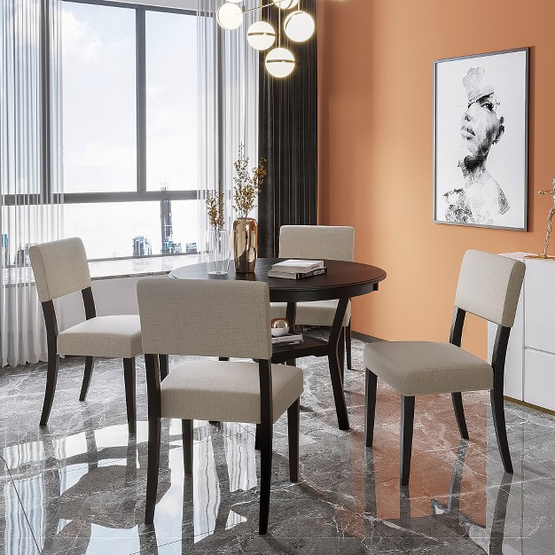 5 piece Kitchen Dining Table Set Round Table With Bottom Shelf And 4 Upholstered Chairs Espresso beige modernluxe