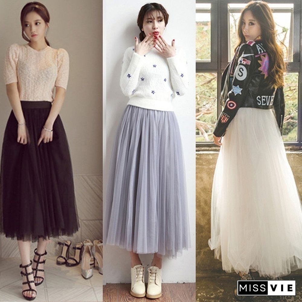 Three-Layer Fashion Tulle Skirts Women Summer Elastic High Waist Long Mesh Skirt Tutu Maxi Pleated Skirt