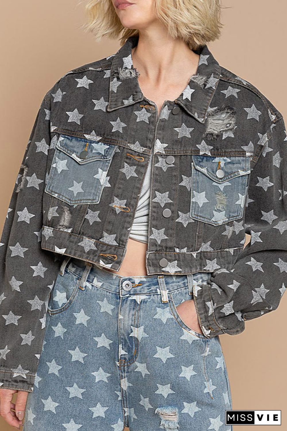 Grey Start Print Short Length Open Button Denim Jackets