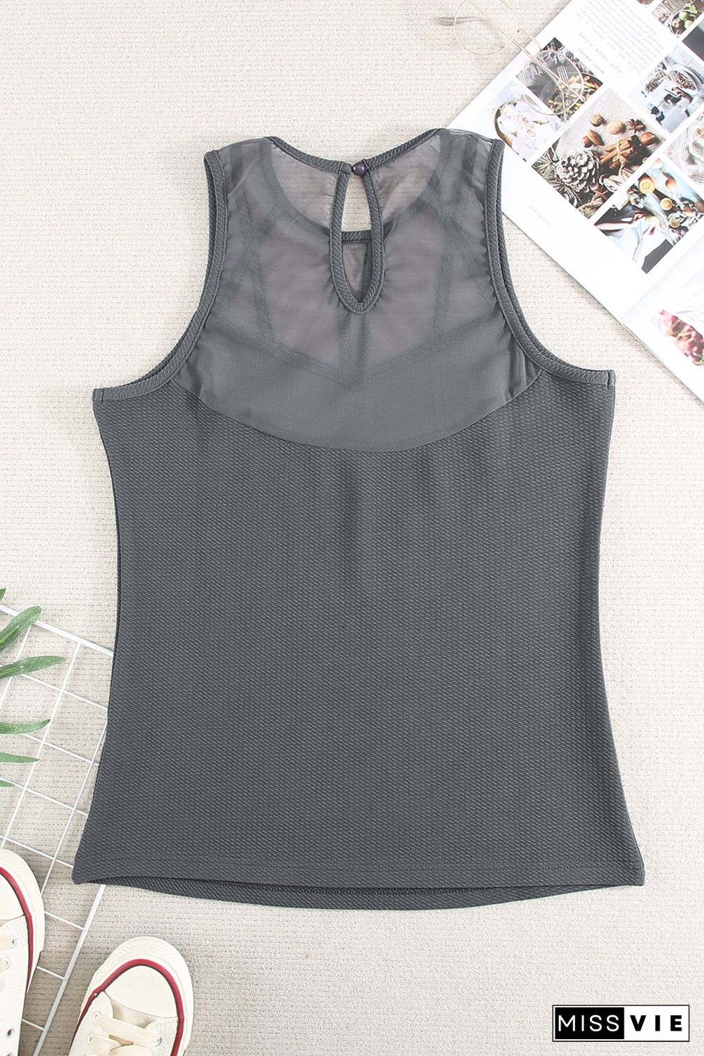 Gray Strappy Mesh Splicing Ribbed Tank Top