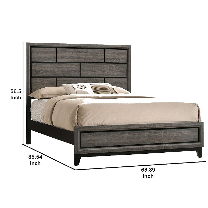 Transitional Style Wooden Queen Size Bed with Brick Elements Panel Headboard， Gray